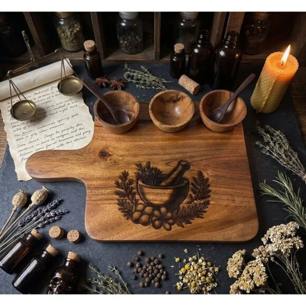 Handmade Acacia Wood Serving Board Set Mortar Pestle Engraved 3 Bowls Witchy Kit